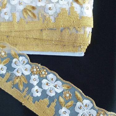 White Tissue Fabric Trim With Embroidered White & Gold Embroidery, Embellished With Beads, Brasso Trim